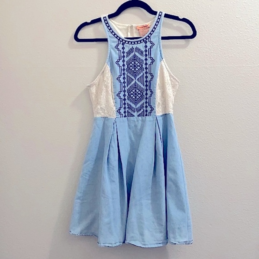 Flying Tomato Aztec Chambray Light Blue Embroidered Mini A-Line Dress